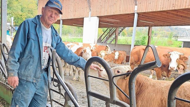 Alois Kohler kennt seine Tiere gut und will vorbeugen statt heilen. Der Laufstall mit Tiefstreu bietet den 22 Mutterkühen und ihren Kälbern frische Luft und Liegekomfort. 