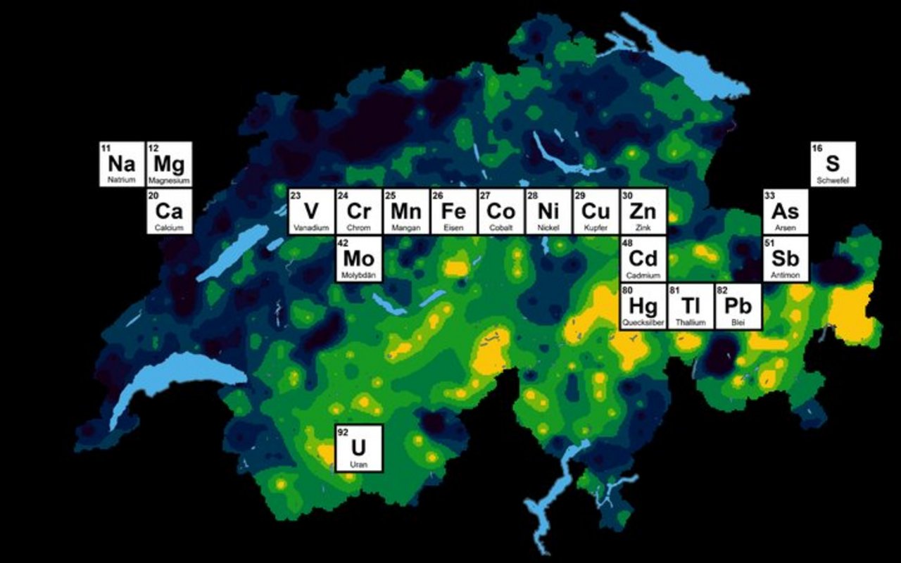 Geochemischer Bodenatlas der Schweiz: Hochrechnung der Chrom-Konzentrationen im Oberboden (symbolisch).