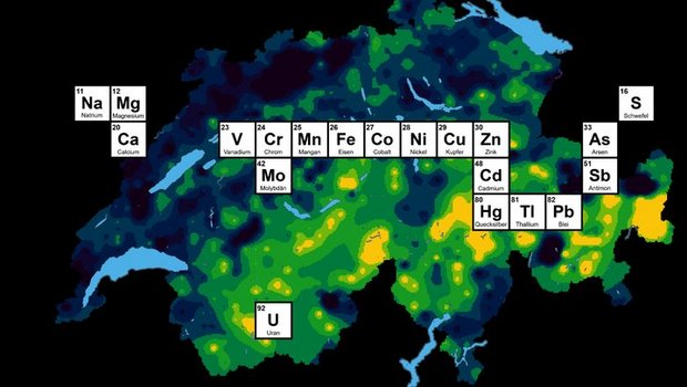 Geochemischer Bodenatlas der Schweiz: Hochrechnung der Chrom-Konzentrationen im Oberboden (symbolisch).